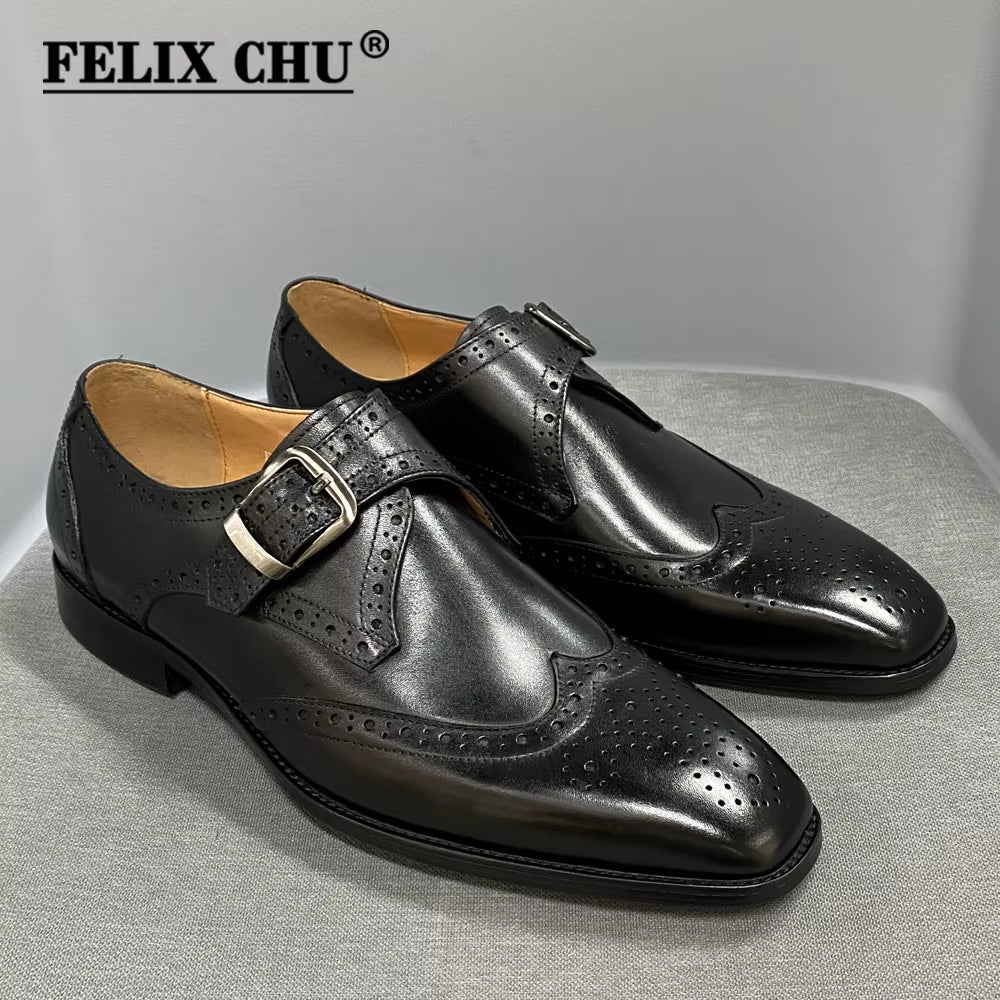 Men'S Luxury Genuine Leather Wingtip Oxfords Italian Monk Strap Buckle Brogue Dress Shoes for Business Wedding Formal Wear