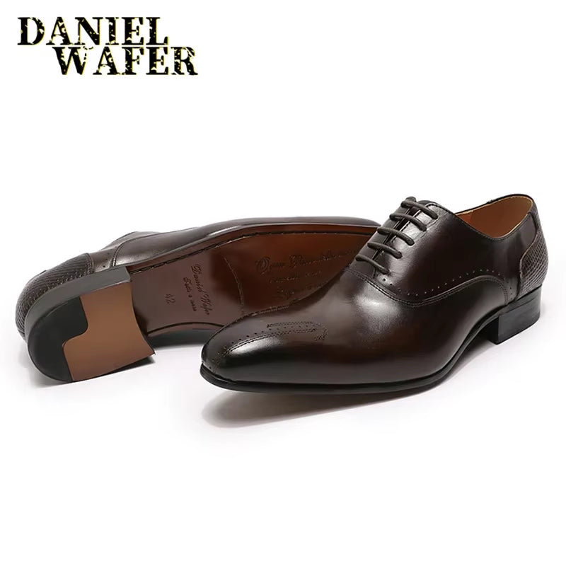 Winter Luxury Men Genuine Leather Shoes Lace up Wedding Office Business Pointed Toe Formal Men'S Dress Oxford Shoes for Men