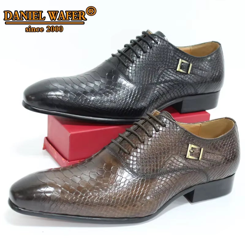 Luxury Men'S Oxford Shoes Snake Skin Print Classic Dress Leather Coffee/Black Pointed Toe Lace-Up Formal Shoes