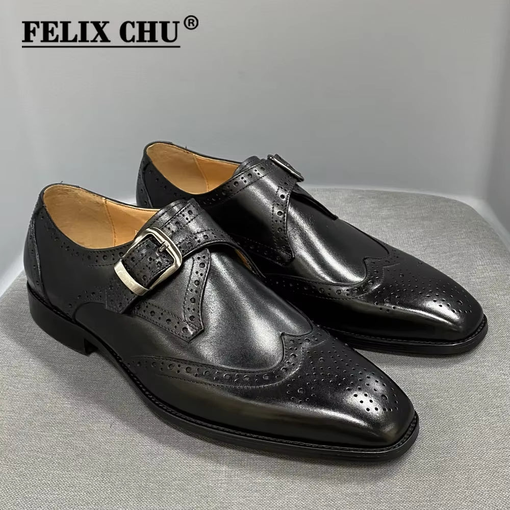 Men'S Luxury Genuine Leather Wingtip Oxfords Italian Monk Strap Buckle Brogue Dress Shoes for Business Wedding Formal Wear