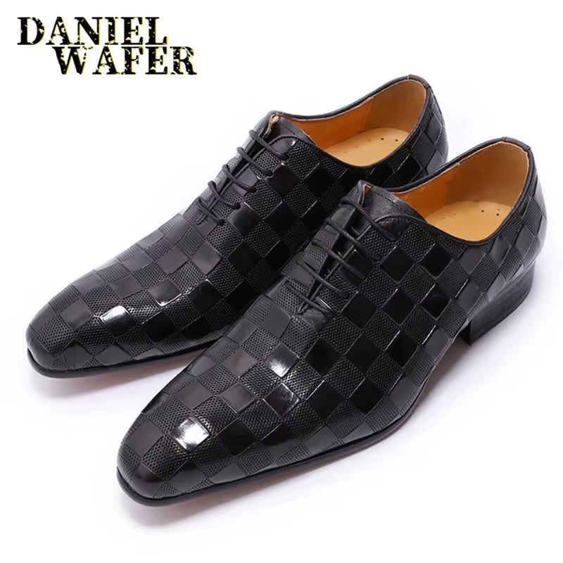 Men'S Luxury Italian Leather Dress Shoes Fashion Plaid Print Lace-Up Black/Brown Formal Oxford Wedding Office Shoes