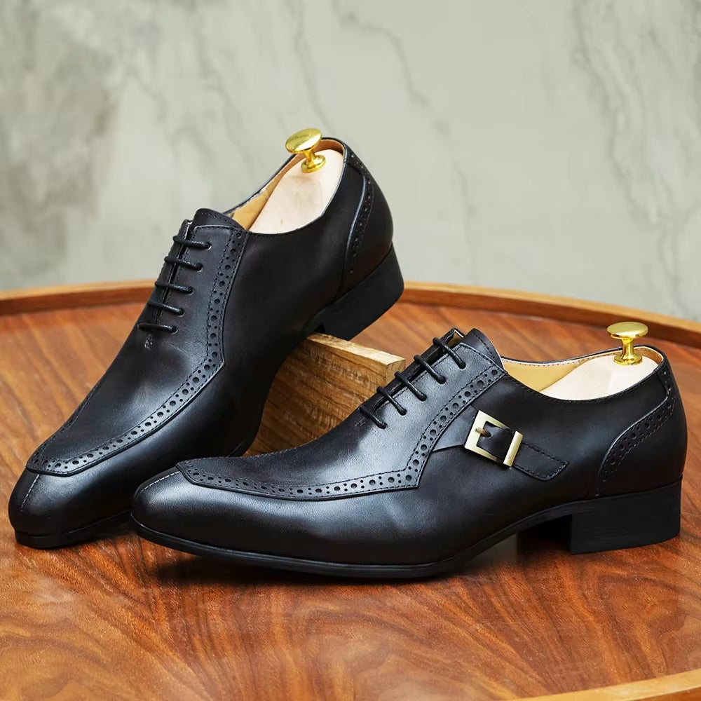 Men'S Luxury Leather Dress Shoes Brown/Black Office Business Wedding Formal Lace-Up Pointed Toe Oxford with Buckle