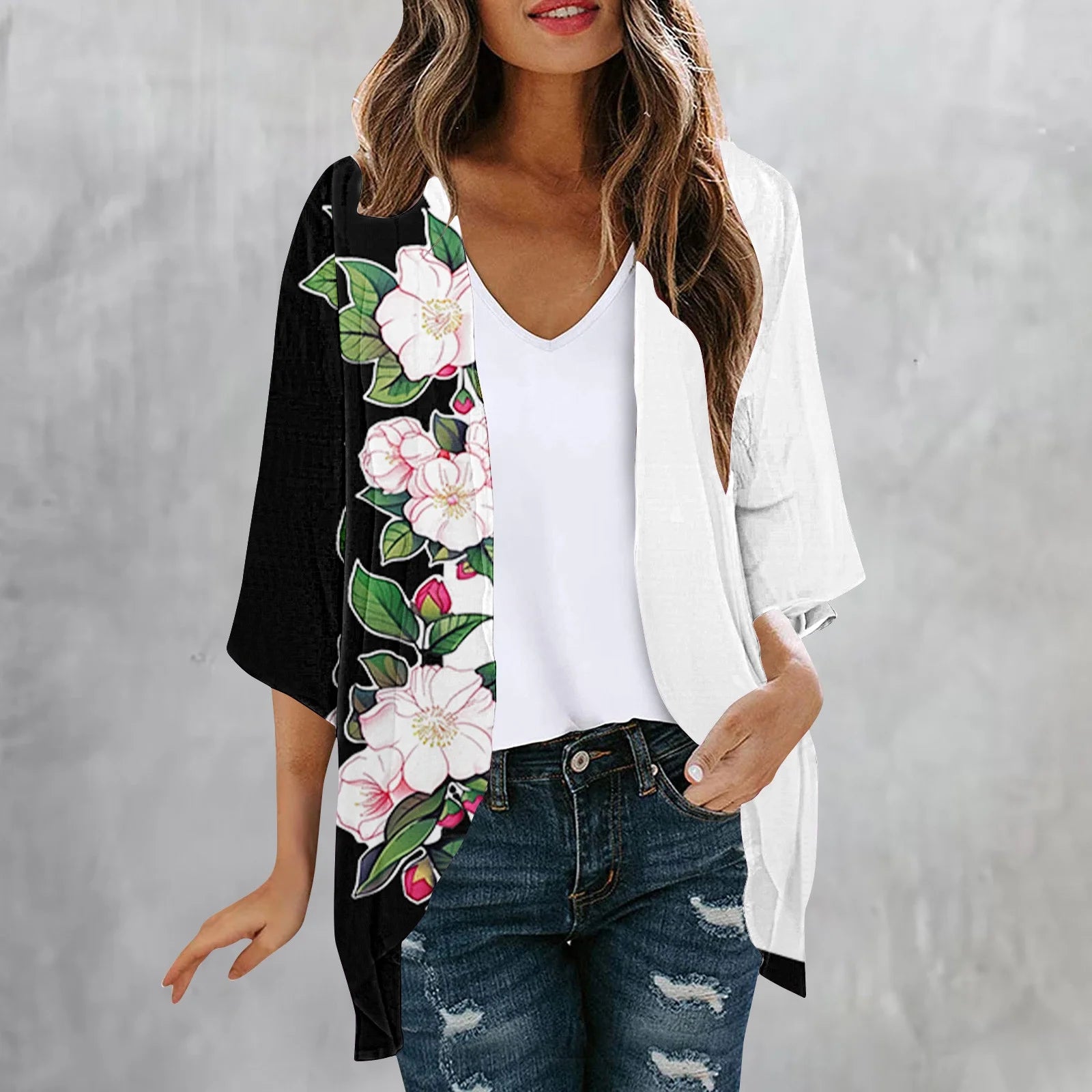 Dyegold Women'S Beach Kimono Coverup Sheer Chiffon Cover Ups Casual Loose 3/4 Sleeve Floral Open Front Boho Cardigan Tops