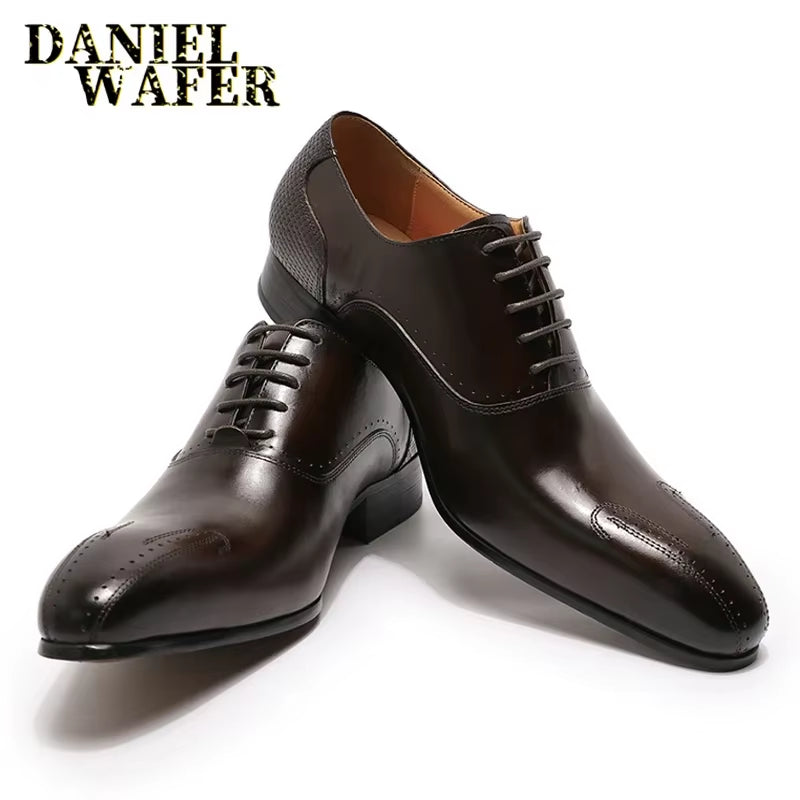 Winter Luxury Men Genuine Leather Shoes Lace up Wedding Office Business Pointed Toe Formal Men'S Dress Oxford Shoes for Men