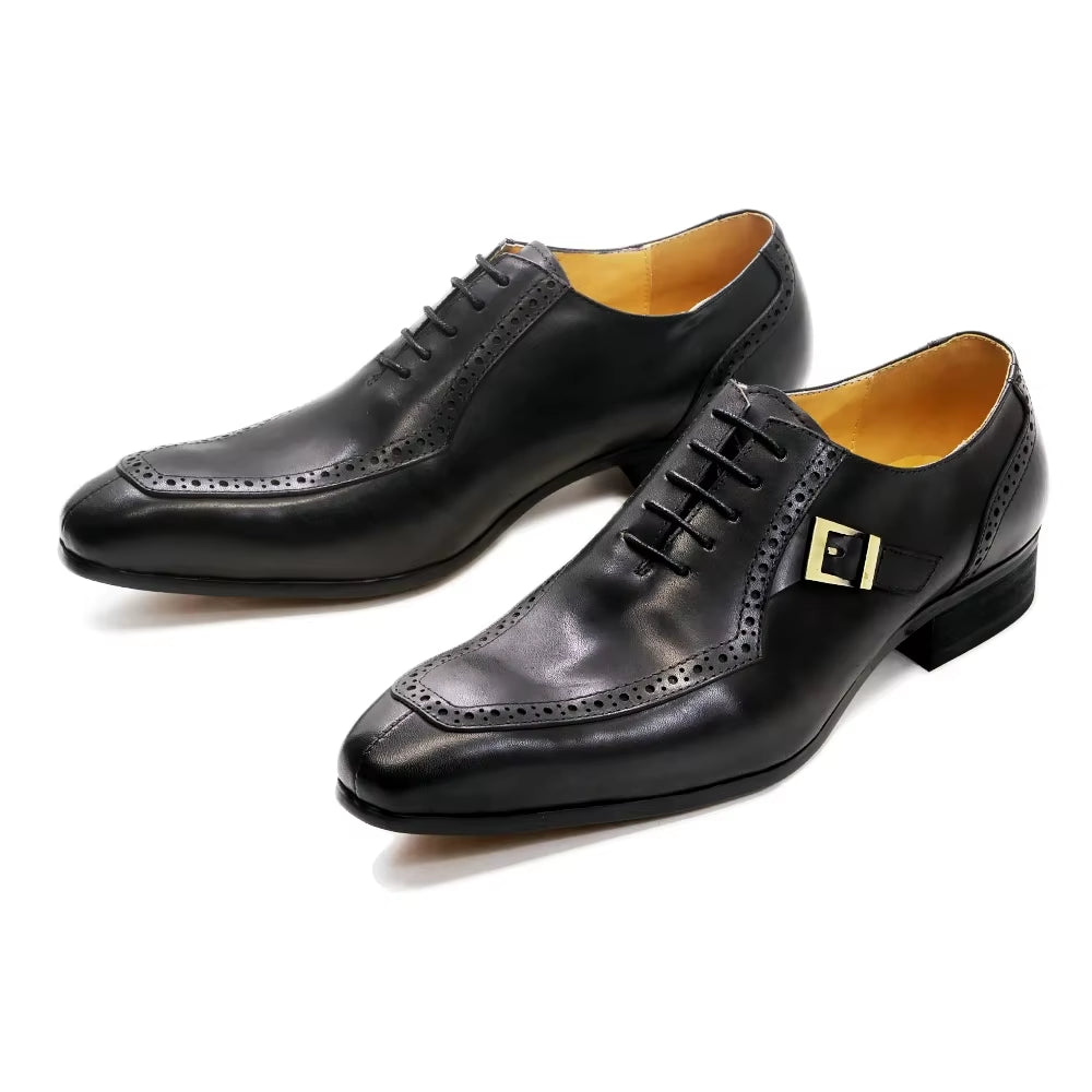 Men'S Luxury Leather Dress Shoes Brown/Black Office Business Wedding Formal Lace-Up Pointed Toe Oxford with Buckle