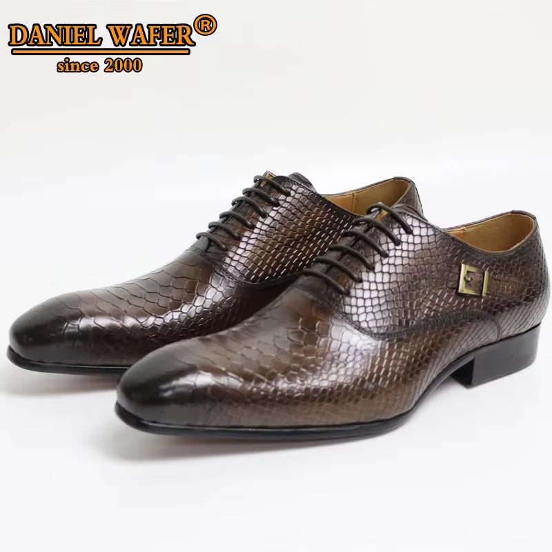 Luxury Men'S Oxford Shoes Snake Skin Print Classic Dress Leather Coffee/Black Pointed Toe Lace-Up Formal Shoes