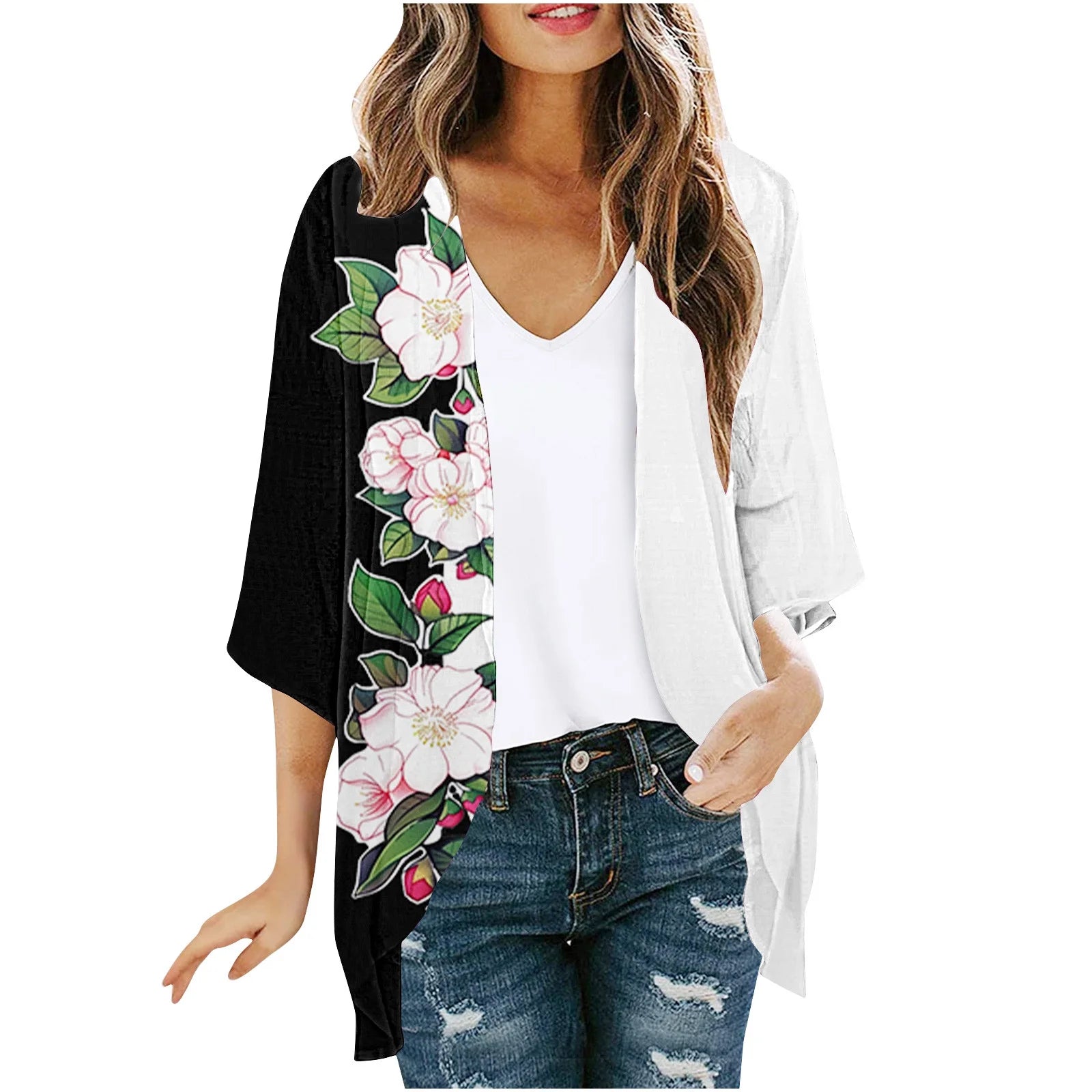 Dyegold Women'S Beach Kimono Coverup Sheer Chiffon Cover Ups Casual Loose 3/4 Sleeve Floral Open Front Boho Cardigan Tops
