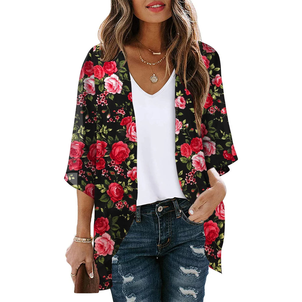 Dyegold Women'S Beach Kimono Coverup Sheer Chiffon Cover Ups Casual Loose 3/4 Sleeve Floral Open Front Boho Cardigan Tops