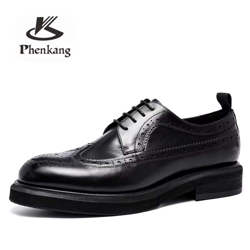 New plus Size Genuine Leather Lace up Fashion Banquet Work Leather Shoes Leather Brogue Wedding Business Oxford Shoes