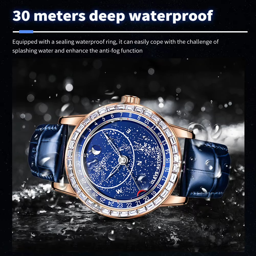 9923 Mens Watch Automatic Mechanical Watch Multifunctional Week Date Luxury Belt Watch for Men 30M Waterproof Luminous Box