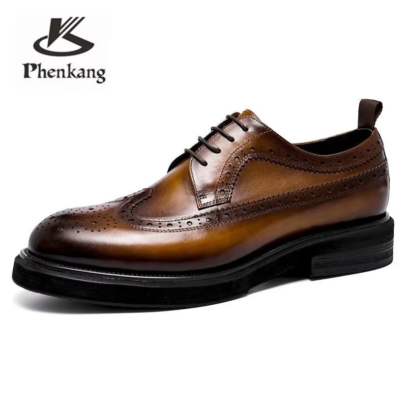 New plus Size Genuine Leather Lace up Fashion Banquet Work Leather Shoes Leather Brogue Wedding Business Oxford Shoes