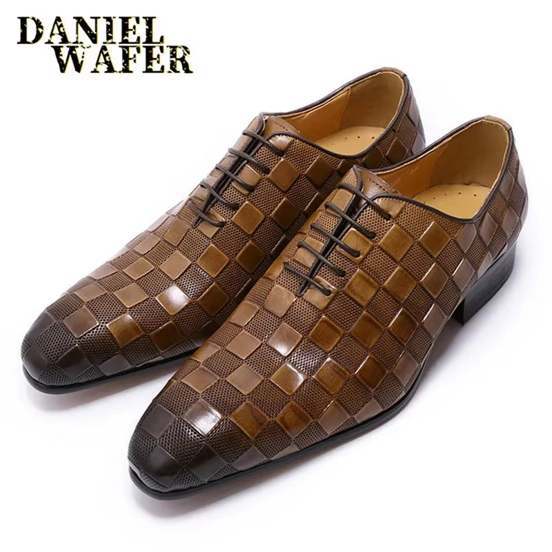 Men'S Luxury Italian Leather Dress Shoes Fashion Plaid Print Lace-Up Black/Brown Formal Oxford Wedding Office Shoes