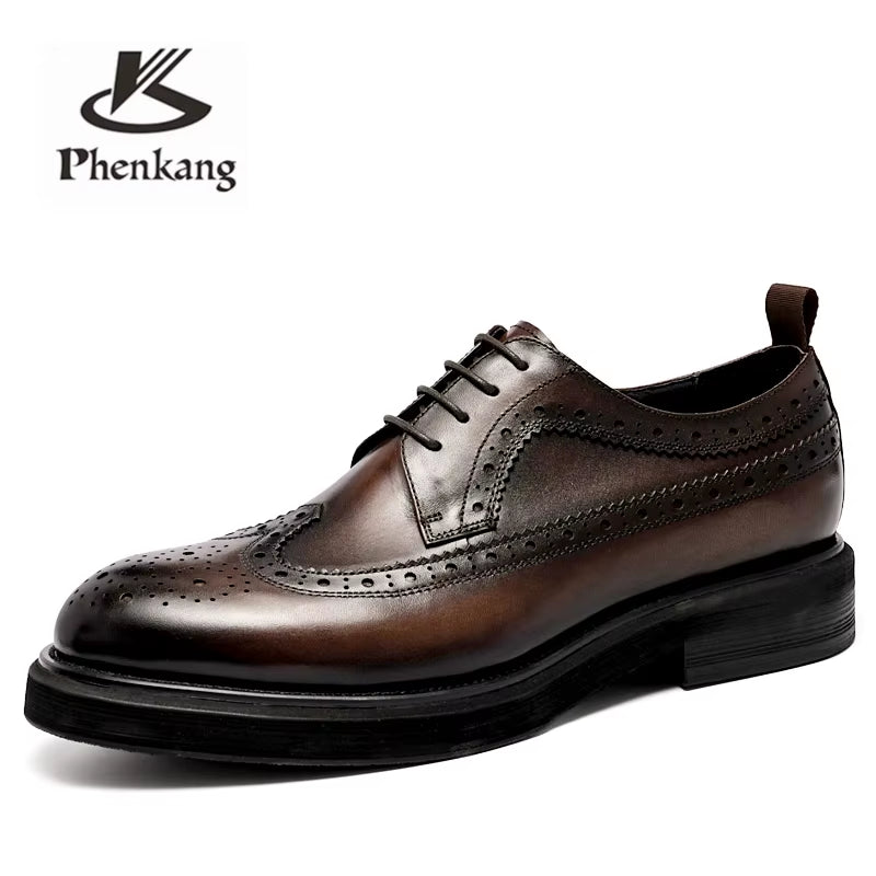 New plus Size Genuine Leather Lace up Fashion Banquet Work Leather Shoes Leather Brogue Wedding Business Oxford Shoes