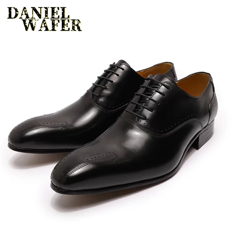 Winter Luxury Men Genuine Leather Shoes Lace up Wedding Office Business Pointed Toe Formal Men'S Dress Oxford Shoes for Men