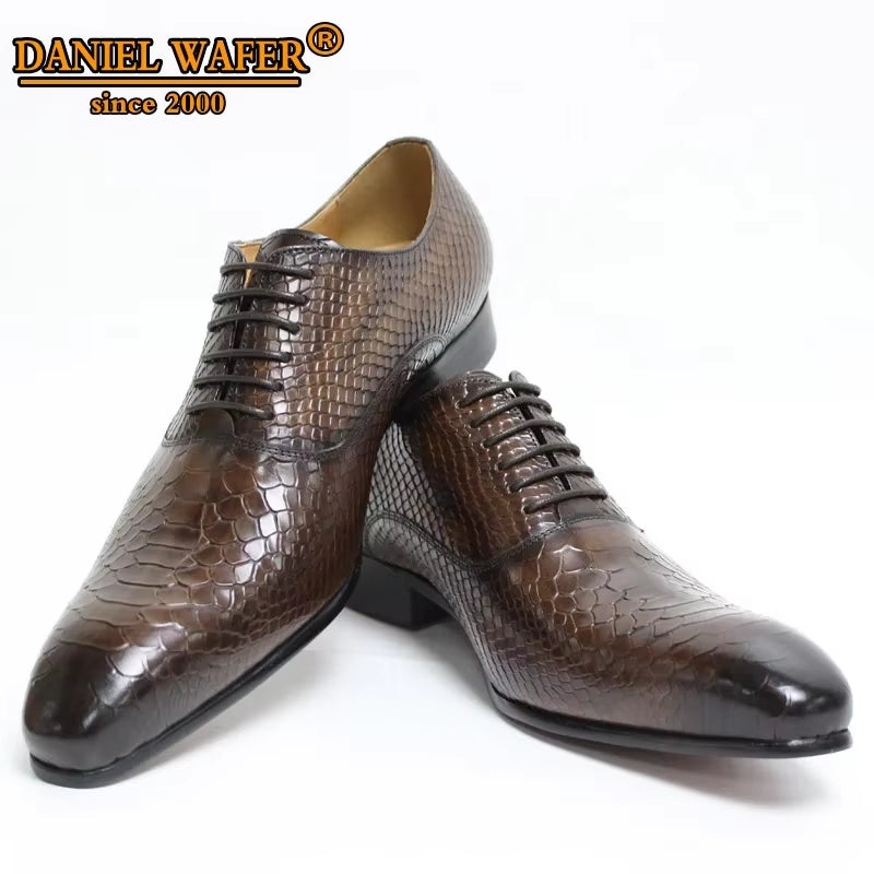 Luxury Men'S Oxford Shoes Snake Skin Print Classic Dress Leather Coffee/Black Pointed Toe Lace-Up Formal Shoes