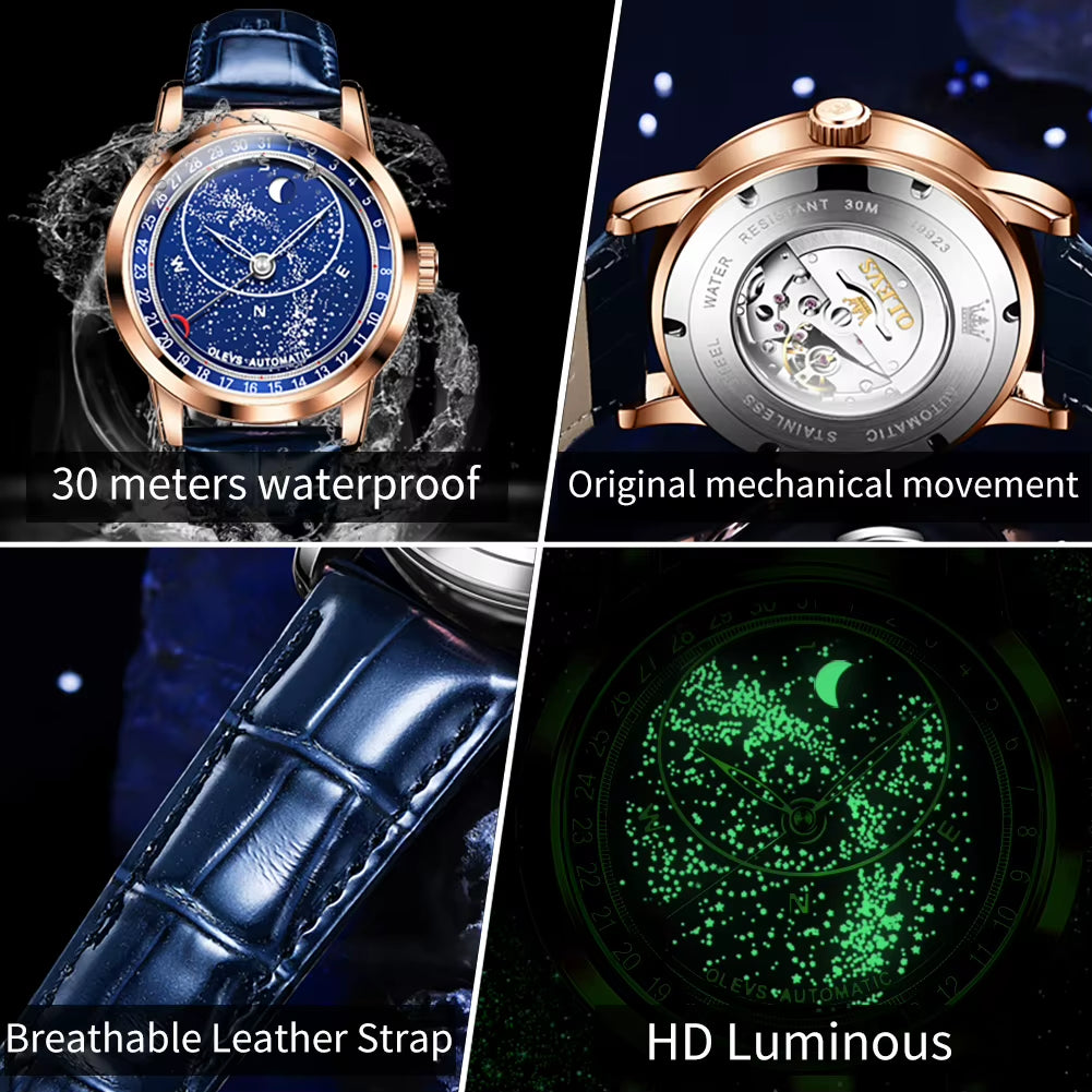 9923 Mens Watch Automatic Mechanical Watch Multifunctional Week Date Luxury Belt Watch for Men 30M Waterproof Luminous Box
