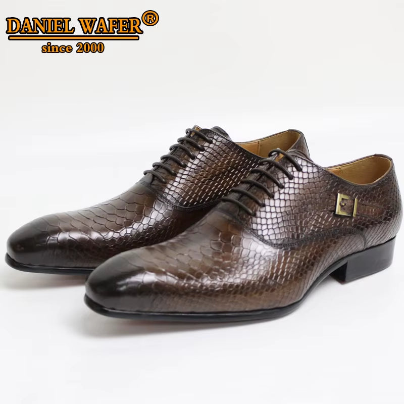 Luxury Men'S Oxford Shoes Snake Skin Print Classic Dress Leather Coffee/Black Pointed Toe Lace-Up Formal Shoes